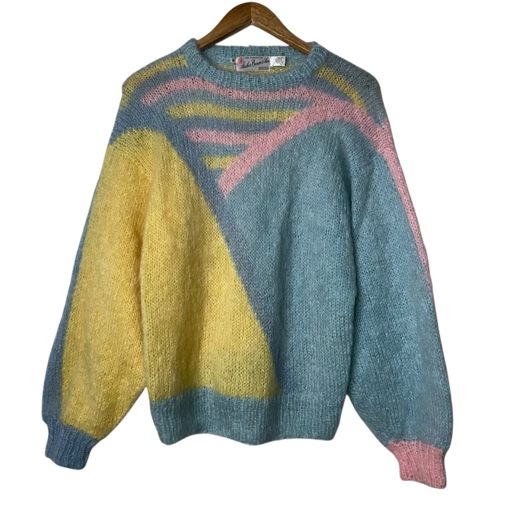 80s pastel color block mohair knit balloon sleeve oversized pullover Sweater